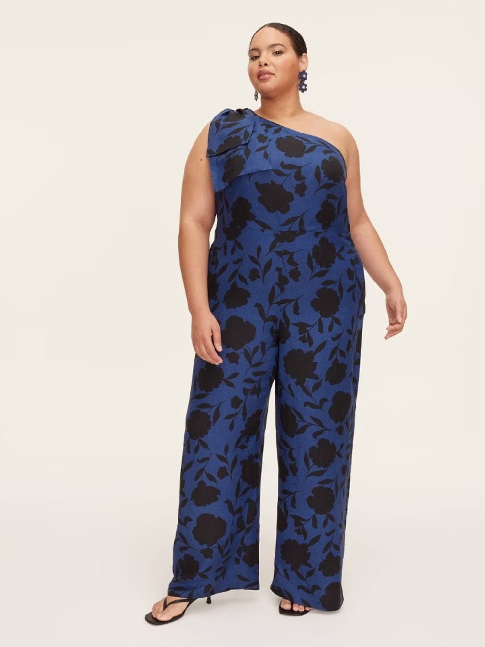 kate spade One-Shoulder Royal Blue and Black Floral Jumpsuit